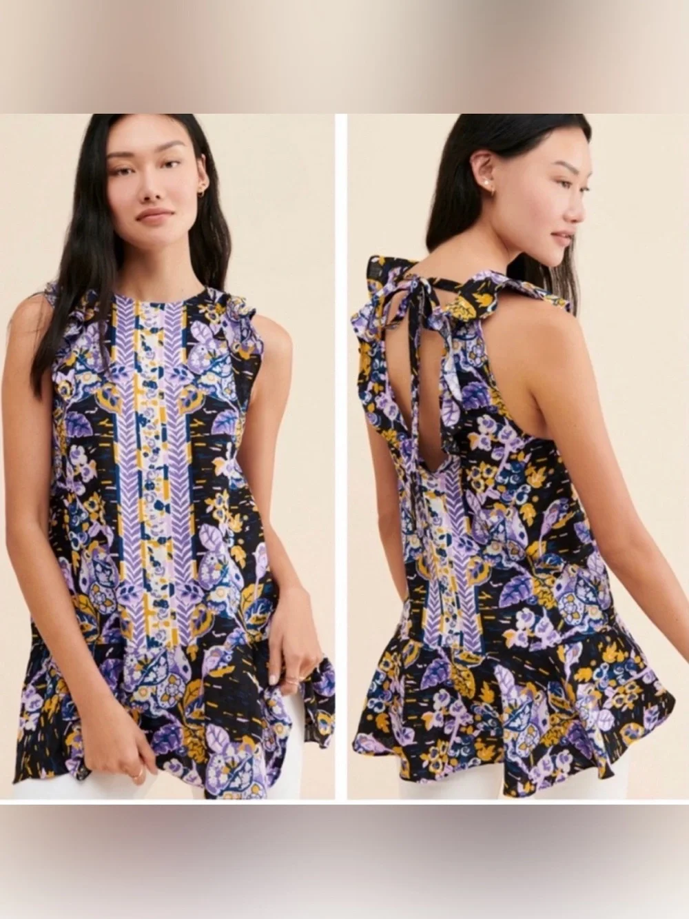 Free People $108 NWT P2P17-18” L28” Dark Combo Linen-Blend Tunic Top Tie Neck